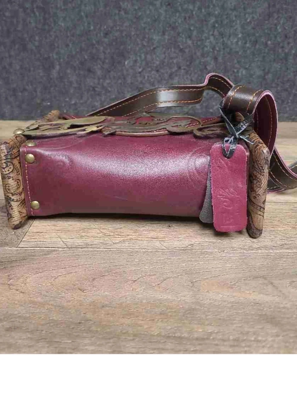 Genuine Leather Crossbody Bag with Brass Persian/Arabic Calligraphy Bird Accent.